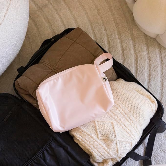 Tiny Twinkle Travel Waterproof Makeup Bag | Travel-Friendly Toiletry Cosmetic Case Organizer with Convenient Carry Handle | Spacious Interior Pouches and Secure Zipper Closure (Rose)