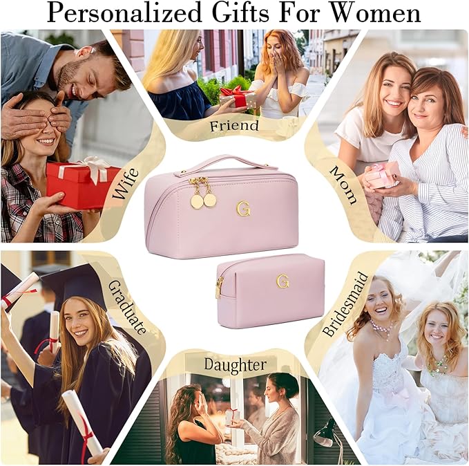 Birthday Gifts for Women Teen Girl, Personalized Initial Makeup Organizer Bag Set, Open Flat Travel Cosmetic Bag With Clear Divider and Handle(Pink,G)