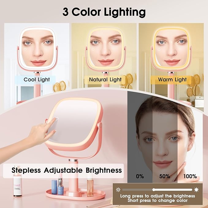 Makeup Mirror with Lights - 10x/1x Magnifying Mirror with Light, Rechargeable Desk Mirror with 3-Color Lighting & Memory Function, 360° Adjustable Table Mirror, Gift for Women (Pink)