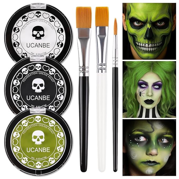 White Foundation + Black Green Face Body Paint with Painting Brushes Halloween Makeup Set, Kids Adults Facepaint Kit for Witch Monster Grinch Shrek Hulk Alien Special Effects Make Up Cosplay Party