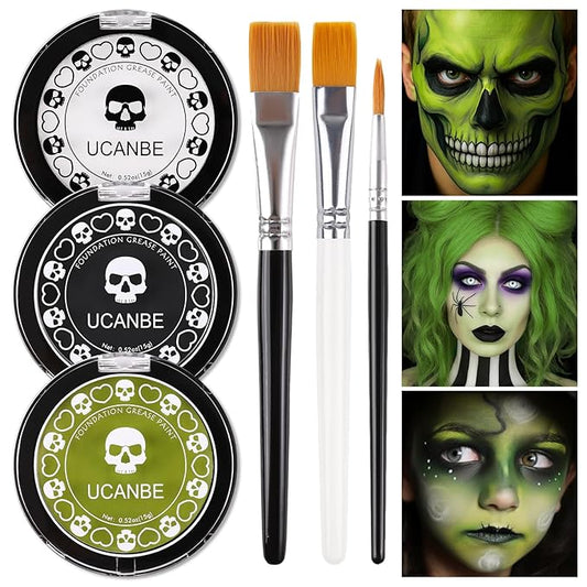 White Foundation + Black Green Face Body Paint with Painting Brushes Halloween Makeup Set, Kids Adults Facepaint Kit for Witch Monster Grinch Shrek Hulk Alien Special Effects Make Up Cosplay Party