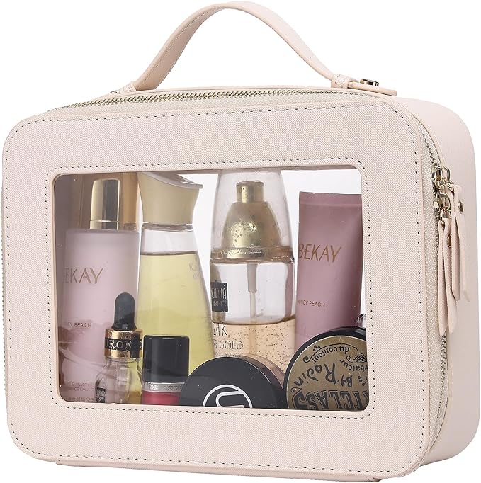 Pinkmik Clear Makeup Bag for Women Waterproof Travel Cosmetics and Toiletries Case Portable Makeup Oaganizer Bag Clear Car Bag with Zipper (Beige, L)