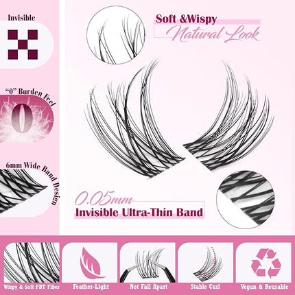 ALICE Lash Clusters Kit Clear Band Natural Lash Extensions Kit 5-16mm Wispy Cluster Eyelash Extension DIY Invisible Band Individual Cluster Lashes with Bottom Lash Bond and Seal Waterproof