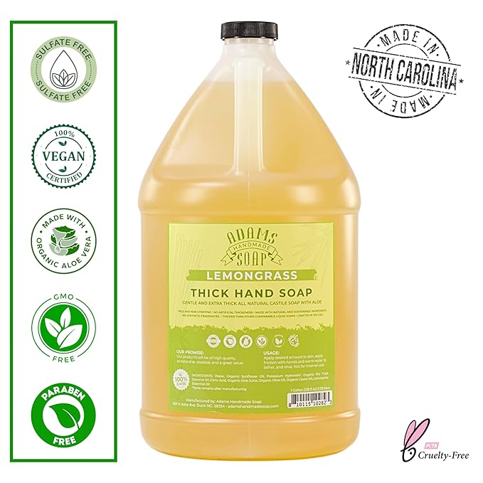 Adams Handmade Soap Thick Organic Castile Liquid Hand Soap 1 Gallon Refill - Lemongrass