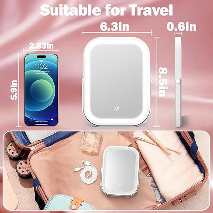 ROLOVE Rechargeable Makeup Mirror, 6x8 Inch Portable Vanity Mirror with Lights, 3-Color Dimmable LED Lighting, Tabletop Mirror, Travel Essentials