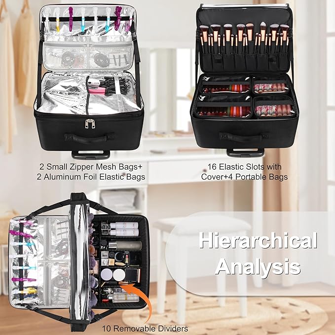 MONSTINA Rolling Makeup Train Case with Detachable Universal Wheels,Professional Trolley Cosmetic Case, 3-Layer Cosmetic Organizer, Extra Large Makeup Travel Bag for Makeup Artist Hairstylist