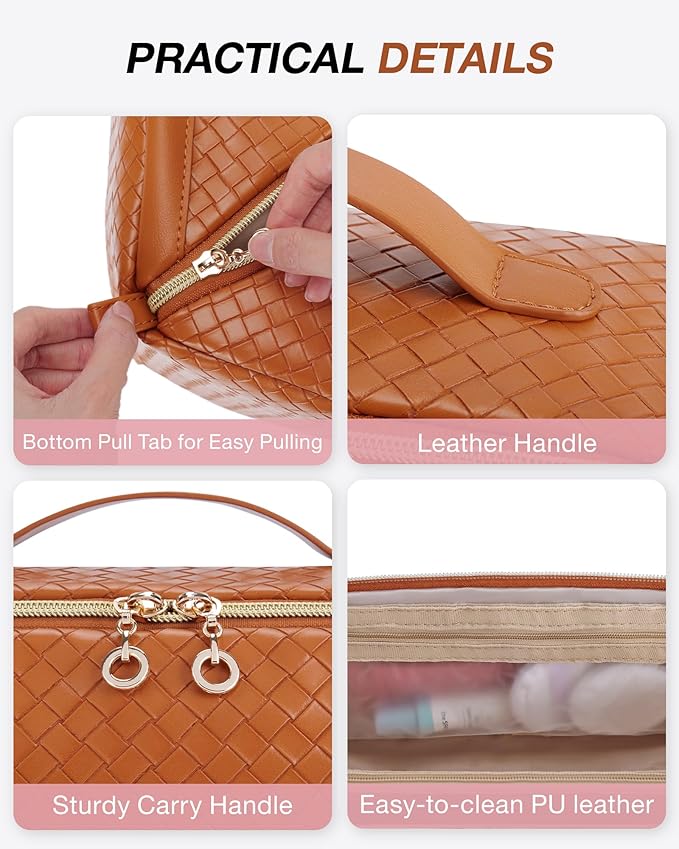 BAGSMART Makeup Bag, Travel Cosmetic Bag Organizer, PU Leather Water-Resistant Pouch, Open Flat Makeup Storage for Toiletries, Brushes, PU Leather Brown