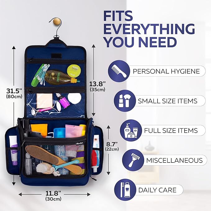 Extra Large (11.8”x11.8”x4”) Hanging Travel Toiletry Bag for Men and Women - Cosmetic Travel Bag With Shoulder Strap - Waterproof Hygiene Bag with Metal Swivel Hook and 19 Compartments for Toiletries