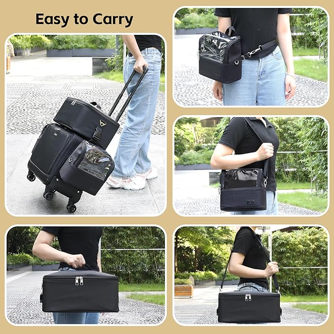 Rolling Makeup Bag Professional Makeup Artist Bags 4 in 1 Rolling Cosmetics Case Organizer Extra Large Trolley Travel Case with 360° Swivel Wheels and Adjustable Dividers