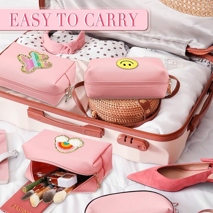 Sanwuta 9 Pcs Makeup Bags Bulk PU Double Zippers Cosmetic Bag Makeup Toiletry Pouch Portable Travel Organizers Case for Women Bachelorette Party End of The Year Bridesmaid Gift(Pink)