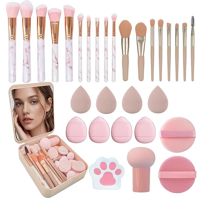 30 Pcs Makeup Brush Set with 12 Pcs Blending Sponge & Mirror - Premium Synthetic Kabuki Foundation Powder Concealer Eyeshadow Blush Brushes Kit - Cosmetic Tools (Pink 30 Pcs Set)