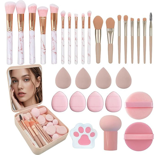 30 Pcs Makeup Brush Set with 12 Pcs Blending Sponge & Mirror - Premium Synthetic Kabuki Foundation Powder Concealer Eyeshadow Blush Brushes Kit - Cosmetic Tools (Pink 30 Pcs Set)