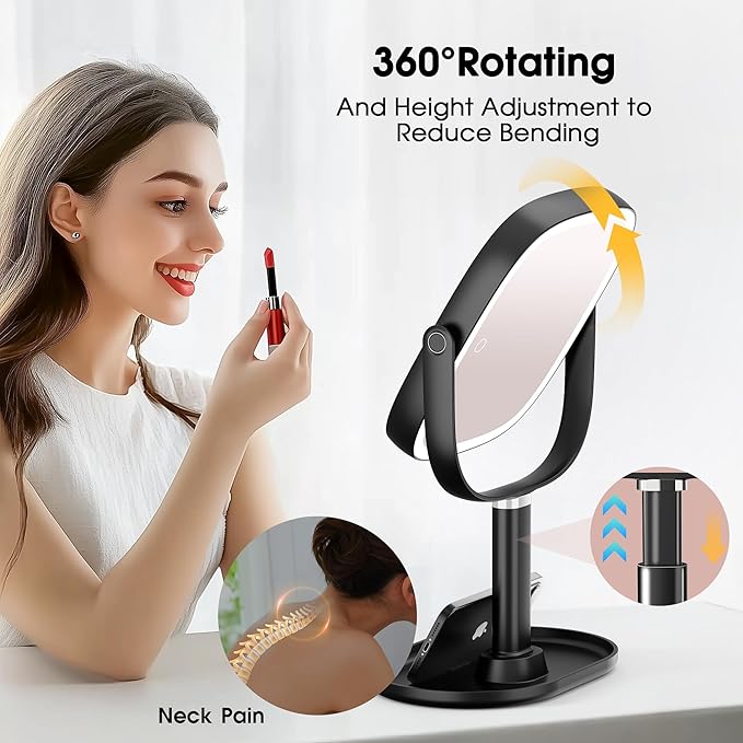 Makeup Mirror with Lights - 10x/1x Magnifying Mirror with Light, Rechargeable Desk Mirror with 3-Color Lighting & Memory Function, 360° Adjustable Table Mirror, Gift for Women (Black)