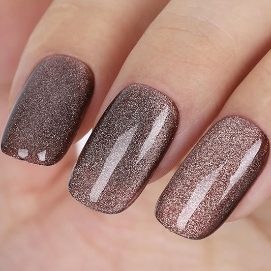 Cat Eye Gel Nail Polish, Crystal Galaxy Holographic Brown Cateye Gel Polish with Magnet, Silver Shimmer Glitter Velvet Soak Off UV LED Home Diy Manicure Fall Winter Colors GP0101