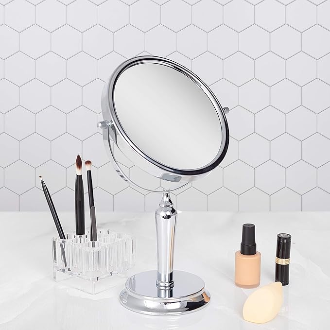 Zadro Anaheim 8.75” Round Non-Lighted Makeup Mirror 5X 1X Magnifying Makeup Mirrors Rotating Head Makeup Mirror for Desk