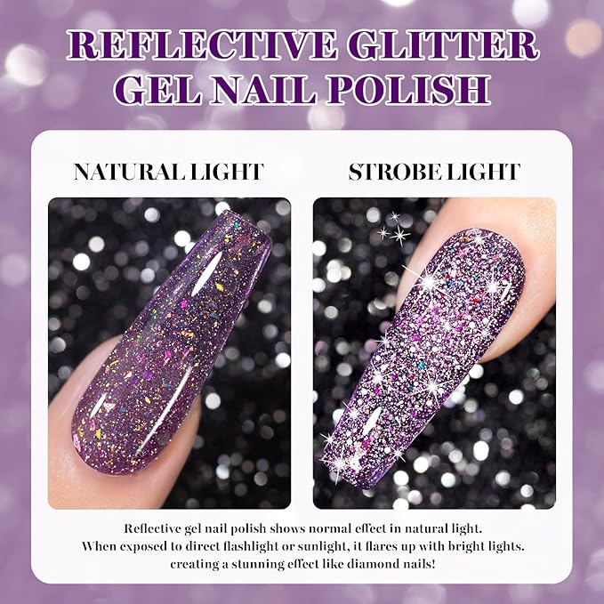 RARJSM Dark Purple Reflective Glitter Gel Nail Polish Holographic Rainbow Iridescent Sparkle Flash Diamond Shimmer LED UV Soak Off Gelpolish Nail Art Manicure Salon DIY at Home 1pcs 7.5ml