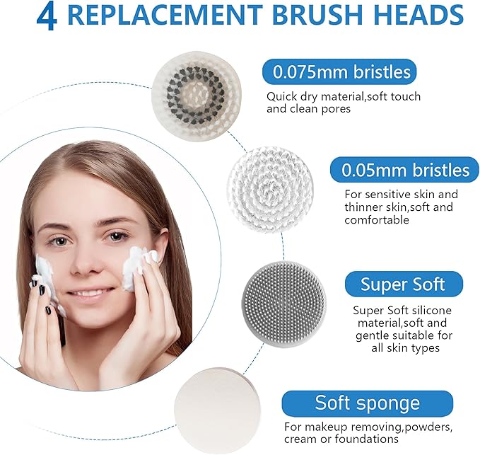Facial Cleansing Brush, 2 in 1 Ｗaterproof IPx7 Facial Spin Scrubber Set with 4 Brush Heads, Rechargeable Exfoliating Face Brush Deep Cleansing, Gently Exfoliate and Remove Blackhead