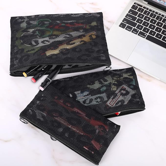 12 Pieces Zipper Nylon Mesh Pouch, Mesh Cosmetic Bags Makeup Bags Pencil Case, Multipurpose Travel Bags for Cosmetic School Office Supplies and Travel Accessories (Black Lace, A5)