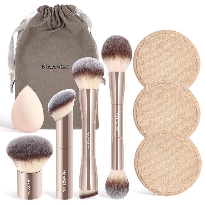 MAANGE 9 PCS Makeup Brush Set Foundation Brush Double Makeup Brushes for Blending Liquid Powder Concealer Cream Blush Buffe Contour Make up Brush Kit (Gold)