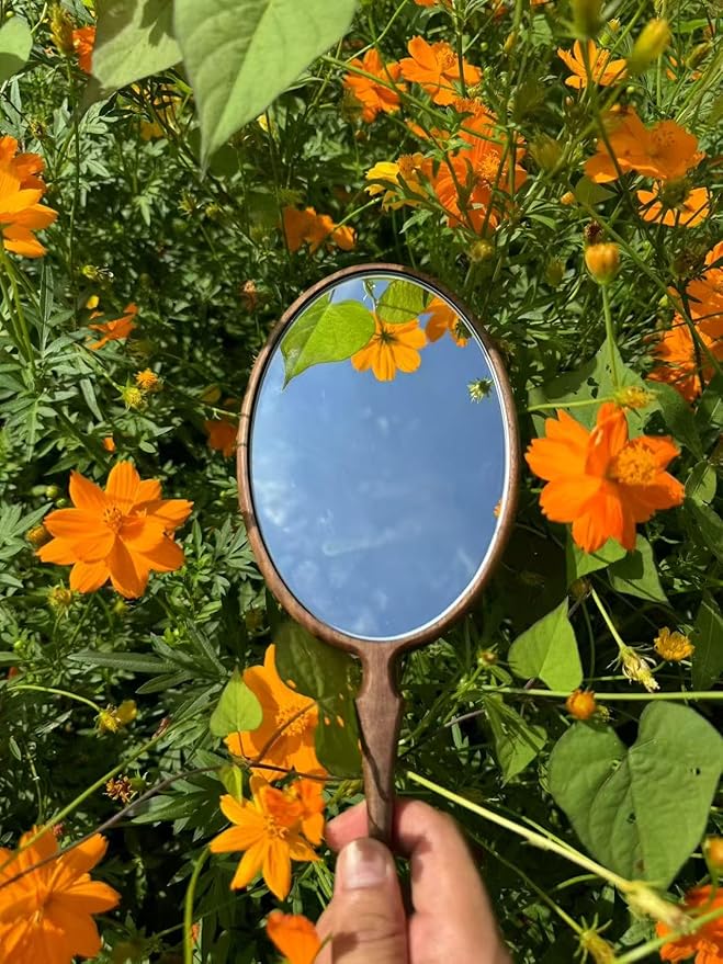 Hand Mirrors with Handle for Makeup, Touching Up and Shaving, Oval Vintage Hand Held Mirror for Men&Women, 11.4" L x 4.3" W, Multi-Purpose for Salon Home Travel, Walnut Wood
