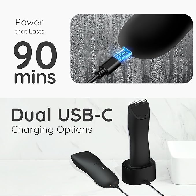 Body Hair & Pubic Hair Trimmer for Men | Waterproof, USB-C Rechargeable, LED Light, Replaceable Ceramic Blade, Electric Ball Shavers, Manscape Kit, Mens Personal Groomer (Noir)