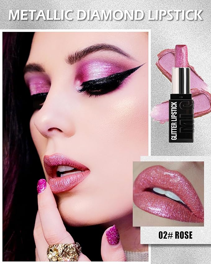 Diamond Glitter Matte Lipstick,Long Lasting Waterproof Pink Metallic Sparkling High Pigment Non-Stick Lip Stain Tint Lip Gloss,Full-coverage Lipgloss,Halloween Lip Makeup Gift for Women Girl-02