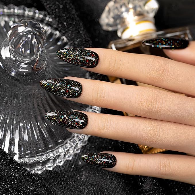 RARJSM Gel Nail Polish Black Glitter Sparkly Chunky Iridescent Rainbow Shimmer Pigments Nail Gel Polish Soak off Led UV Curing Required for Nail Art Salon Manicure 15ml Fall Winter Christmas