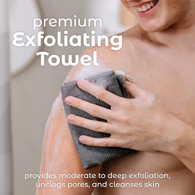 MainBasics Exfoliating Shower Towel - Japanese Nylon Bath Towel and Body Washcloth, Quick-Dry, Durable, Deep Exfoliation (Set of 3, Black Ice)