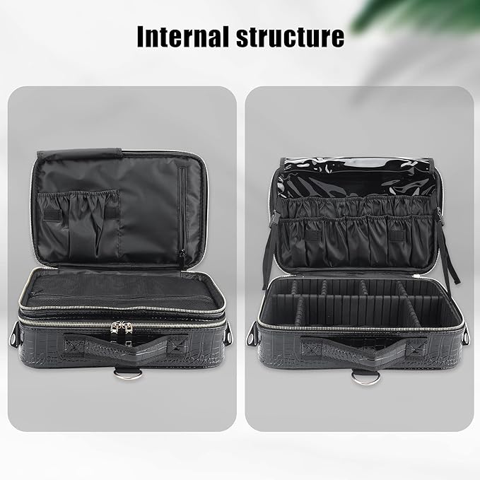 JOURMON Travel Makeup Case 3 Layers Makeup Train Case Crocodile Makeup Bag Organizer Portable Artist Storage Bag with Adjustable Dividers and Shoulder Strap