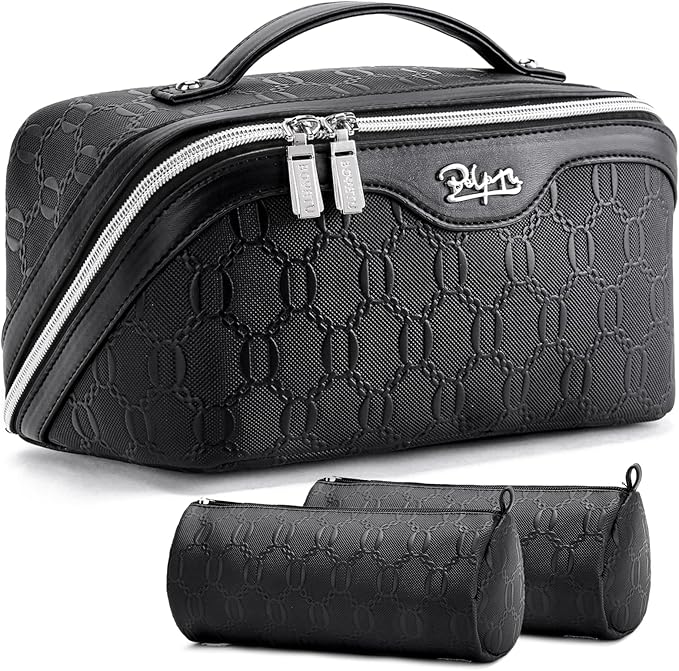 BOYATU Travel Makeup Bag for Women: Cosmetic Organizer Bag with Compartments - Leather Make up Bags Set of 3 (Black)