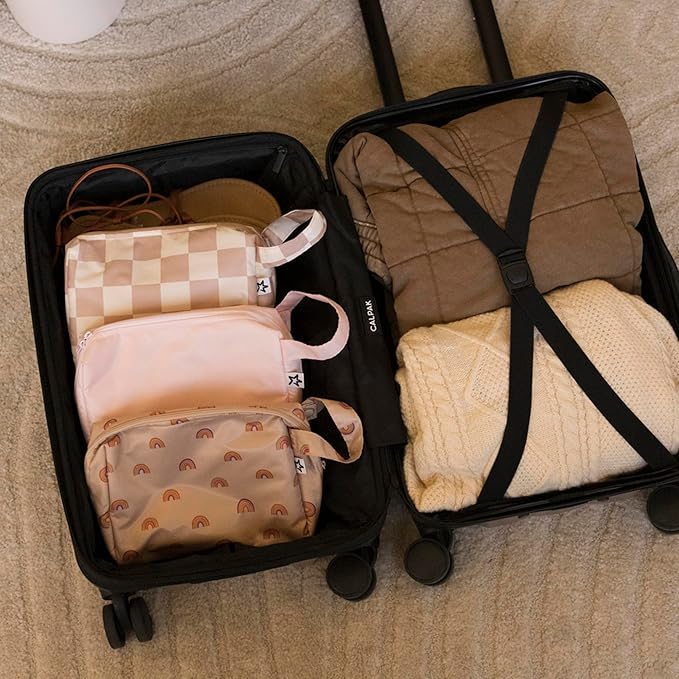 Tiny Twinkle Travel Waterproof Makeup Bag | Travel-Friendly Cosmetic Organizer with Convenient Carry Handle | Spacious Interior, and Secure Zipper Closure (Beige Checkers)