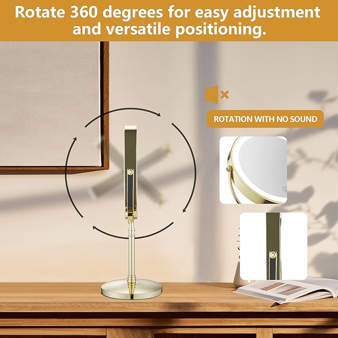 Gold Makeup Mirror with Light 1X/10X Free Standing 8 Inches 360 Swivel Dual-Sided Tabletop Makeup Mirror, Metal