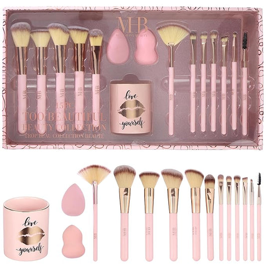 15pc Beauty Set - Beautiful Makeup Brush Collection with Beauty Blenders, Spoolie and Storage Tumbler | Professional Cosmetic Brushes For Seamless Makeup Application