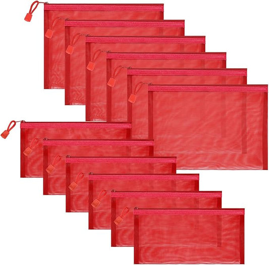 12 Pieces Zipper Nylon Mesh Pouch, Mesh Cosmetic Bags Makeup Bags Pencil Case, Multipurpose Travel Bags for Cosmetic School Office Supplies and Travel Accessories (Red, A5+B6)
