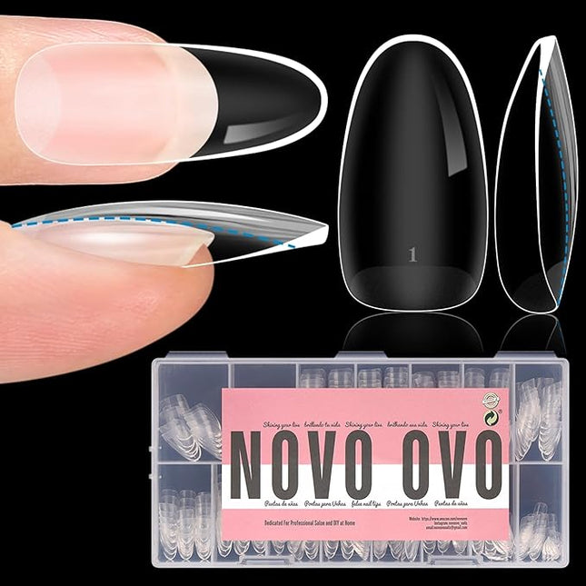 NOVO OVO Extra Thick Oval Nail Tips Press on Natural Curve, Medium Soak Off Soft Gel Fake Nail Extension, Full Cover Matte Cuticle False Nails for Acrylic French, Salon DIY x 14 Sizes 336 pcs