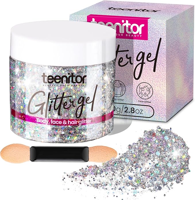 Teenitor Body Glitter, Body Glitter Gel, Hair Glitter, Face Glitter, Holographic Chunky Makeup Silver Glitter Gel for Face, Makeup, Hair, Eye