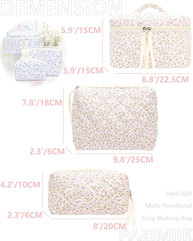 3PCS Makeup Bag SET Large Travel Quilted Zipper Soft Cosmetic Case Pouch for Women Girls Make Up,Floral Pink