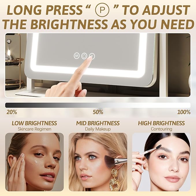 22x18 Inch Vanity Mirror with Lights, 3 Color Dimmable LED Lighting, Smart Touch Control & 360° Rotation, Large Makeup Mirror for Bedroom, Dressing Room (White)