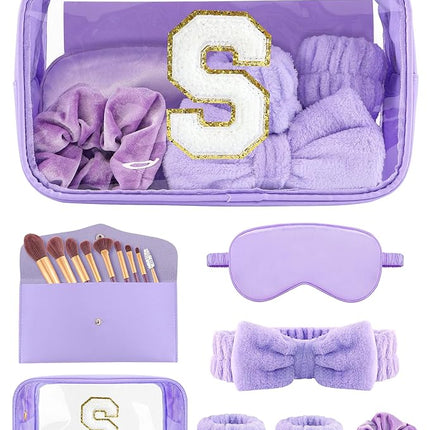 Gift Sets for Women, Initial Makeup Bag with Makeup Brush Set Bachelorette Party Favors, Purple Spa Kit with Skincare Headbands Wrist Bands Sleepover Party Supplies Gifts for Teen Girls Bridesmaid S