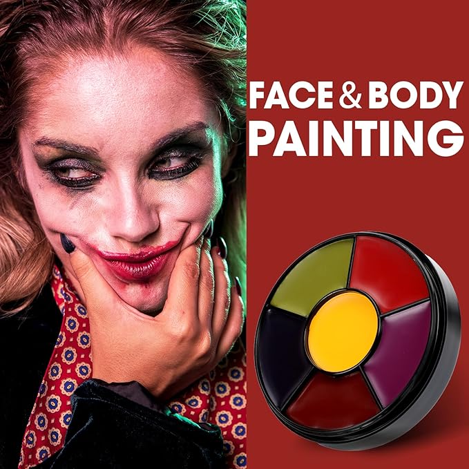 6 Colors Halloween Face & Body Paint + 6pc Sponge + 3pc Brush, Yellow, Purple, Red, Green, Bruise Wheel for SFX, Face Paint, Body Paint Kit for Zombie, Clown, Joker, Alien, Witch Makeup