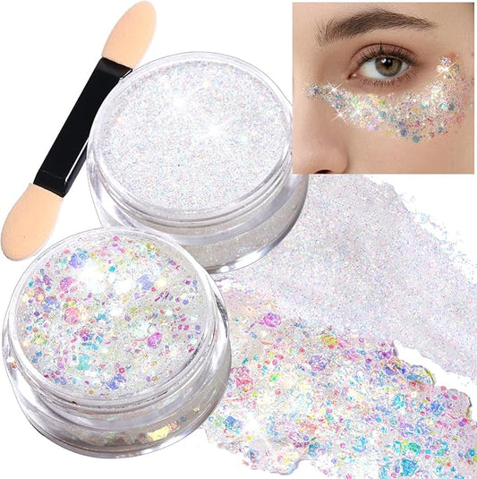 Teenitor Face Glitter, 2pcs Body Glitter Gel, Hair Glitter Gel, 20g/0.7oz Versatile Glitter Set for Face, Body, Hair, 2 Sizes White Glitter Gel for Makeup