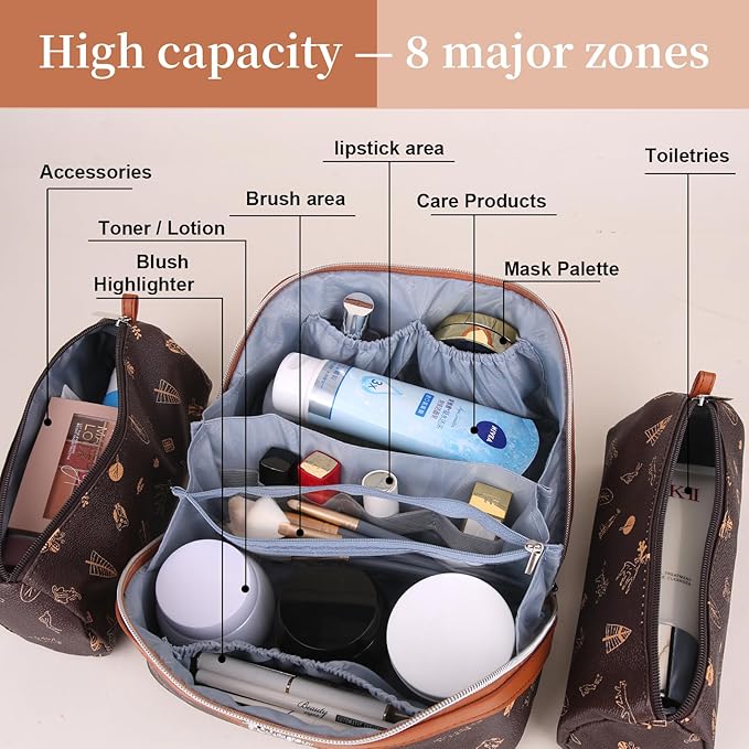 BOYATU Travel Makeup Bag Cosmetic Bags for Women: 3 Pcs Set Portable Make up Bag with Handle - Vegan Leather Toiletry Bags with Compartments - Makeup Organizer for Travel Essentials(04-Brown)