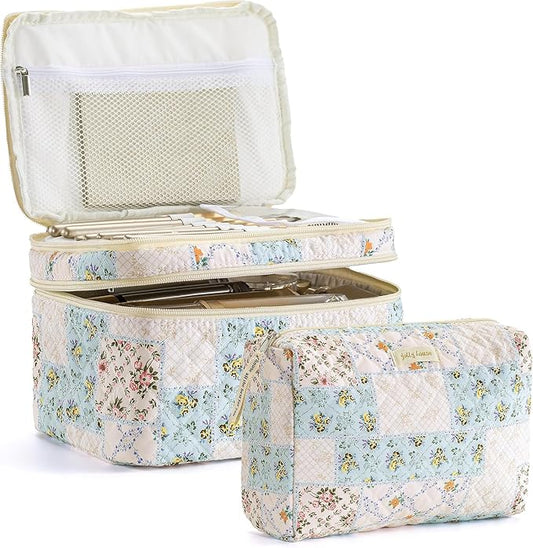 HBselect 2Pcs Travel Makeup Bag, Large Cotton Quilted Makeup Bag Cosmetic Bag Cute Make up Bag Toiletry Bags for Women Girls