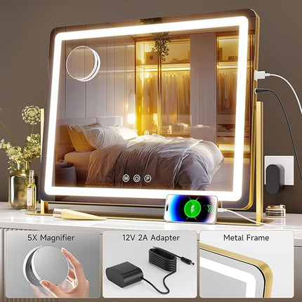 Hasipu Vanity Mirror with Lights 24" x18” -Makeup Mirror with Lights and 5X Magnification, Phone Holder, USB Charging & Smart Touch 3-Color Lighting (Gold)