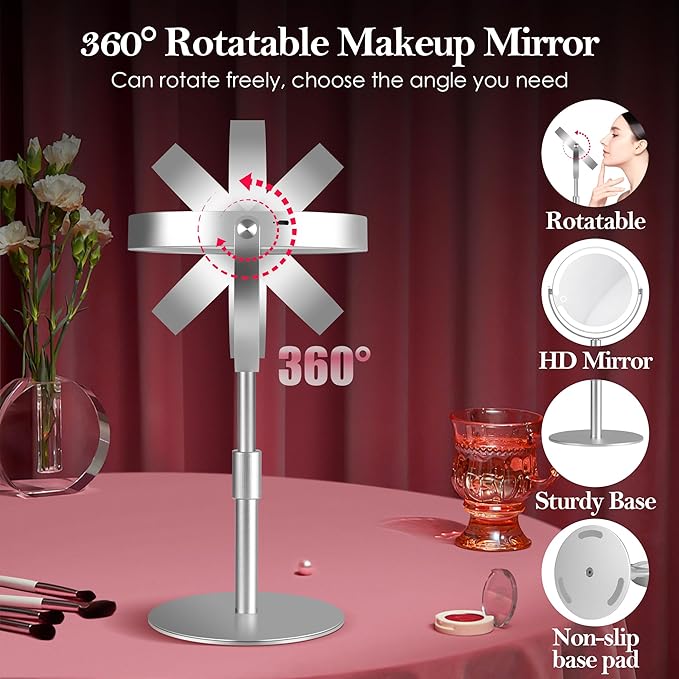 20X Magnifying Mirror with Light, Height Adjustable 2000mAh Makeup Mirror with Light, 3 Color Lights for Tabletop/Travel. Detachable Travel Makeup Mirror, Vanity Mirror for Bathroom, Silver