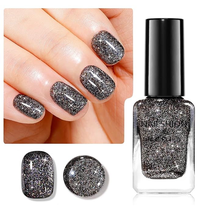 Black Glitter Nail Polish, Fast Air Drying Regular Nail Polish Rainbow Sparkly Shimmer Black Nail Lacquer, High Shine Toe Fingernail Polish, Nails Art Salon Manicure at Home Gift