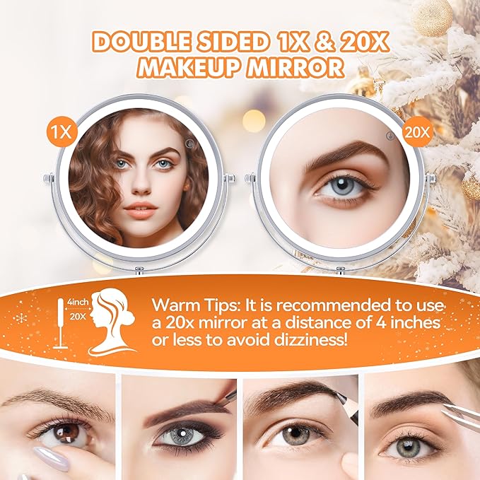 MIYADIVA Lighted Makeup Mirror, 20X Magnifying Mirror with Light, Double Sided Makeup Mirror with 20X/1X Magnification, 360°Rotation, 3 Colors Brightness Adjustable Vanity Mirror with 42 LEDs, 2000mAh