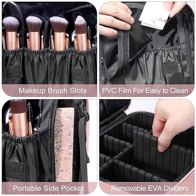 gzcz Makeup Bag Organizer 10.2'' Travel Makeup Train Case Cosmetic Brush Organizer Portable Artist Storage bag with Adjustable Dividers and shoulder strap for Make up Accessories (Cute Pink)