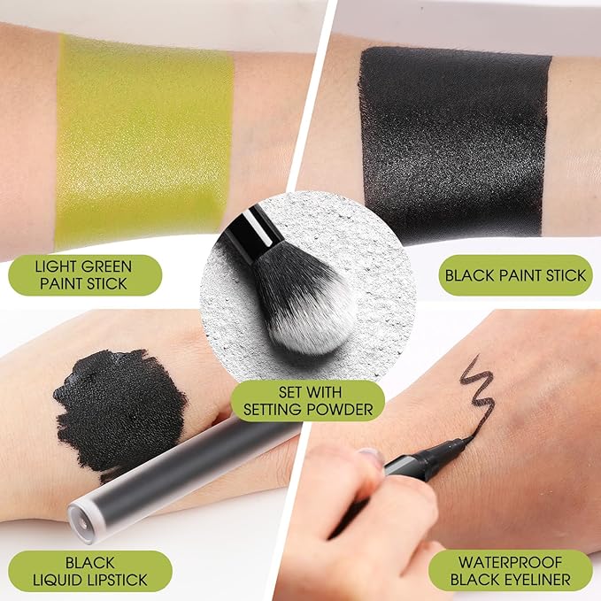 BOBISUKA Light Green & Black Face Body Paint Stick Kit with Black Lipstick & Eyeliner Pen, Setting Powder & 2 Sponges – Halloween Makeup Set for Beetle Juice, Demon, Monsters, Witches & Gothic Looks