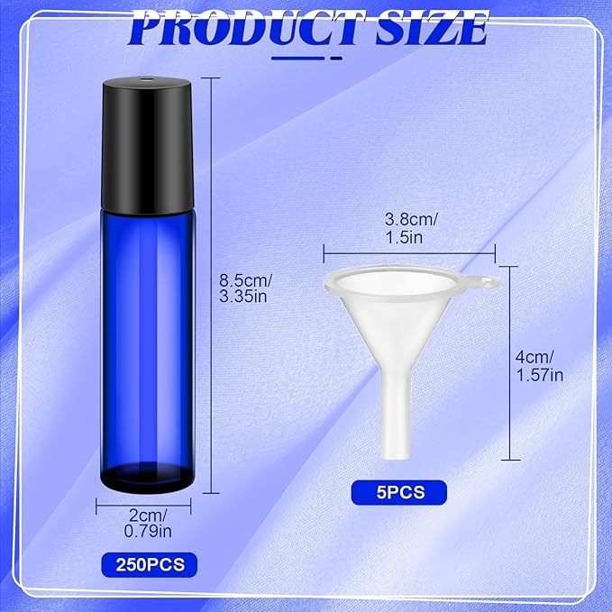 Sumind Essential Oil Roller Bottles - 250 Pcs, 10 ml Glass, Stainless Steel Roller Balls, Leakproof, Funnel Included(Blue)